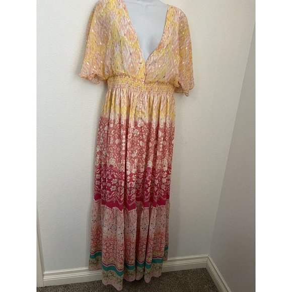 HOUSE OF HARLOW 1960 FLORAL PEACH MAXI DRESS RUFFLED TIERED METALLIC SIZ… - Picture 1 of 11